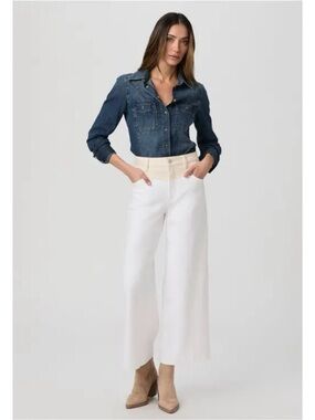 PAIGE Harper V-Yoke High Waist Ankle Wide Leg Jeans White Cream, size 24